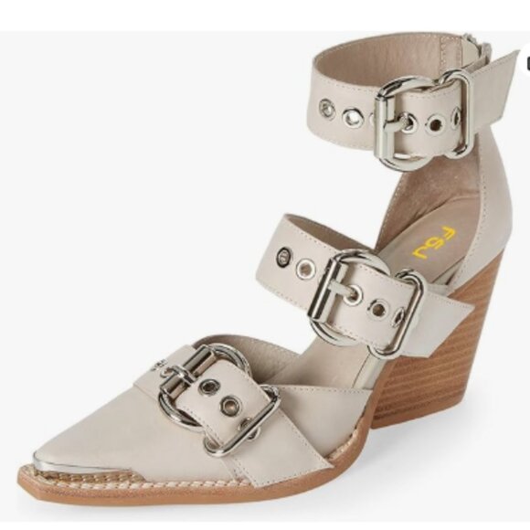 FSJ Beige Pointed Toe Metal Buckle Hollow Out Leather Strappy Wedge Heel Sandal - Picture 1 of 8